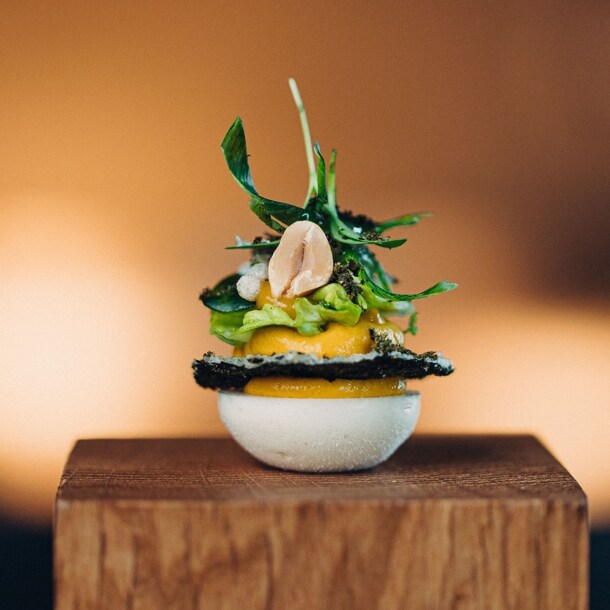 Eine exklusive Vorspeise aus geschichteten Zutaten, angerichtet auf einem Holzsockel vor unscharfen Hintergrund.