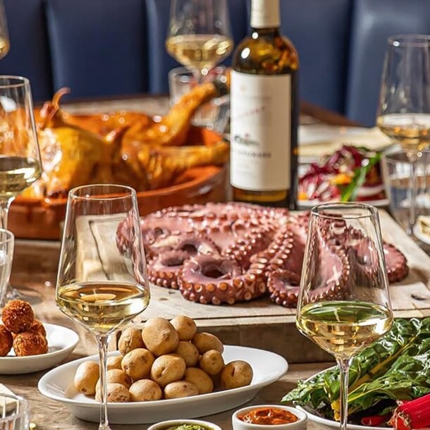 Restauranttisch mit Tapasgerichten und Tintenfisch mit Weingläsern.