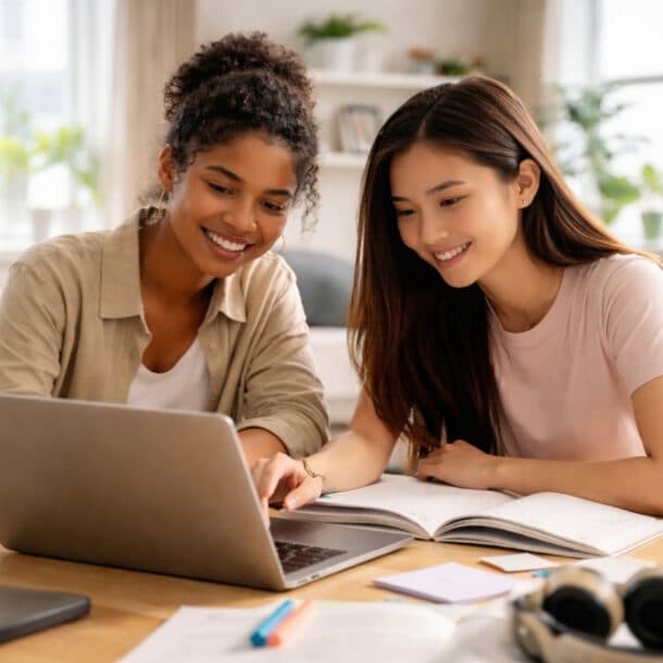 Zwei junge Frauen sitzen an einem Tisch und lernen gemeinsam mit einem Laptop in einem modernen Wohnumfeld.