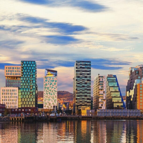 Eine Skyline mit verschieden Hochhäusern liegt direkt an einem Fluss.