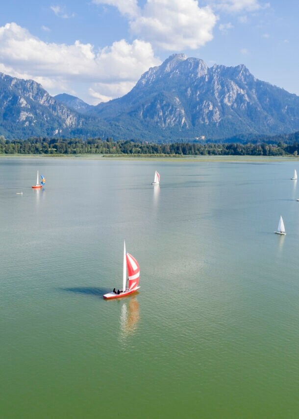 Mehrere kleine Segelboote segeln auf einem See vor einer Bergkulisse