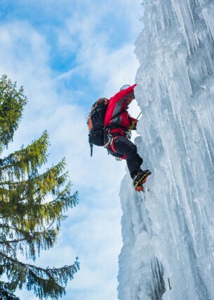 Ein Mensch klettert an einem gefrorenen Wasserfall hinauf, daneben eine große Tanne.
