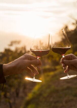 Zwei Hände klirren Rotweingläser in einem Weinberg bei Sonnenuntergang