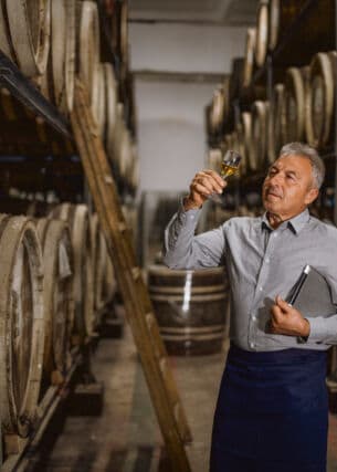 Ein Brandmeister steht in seiner Destillerie und hält ein Glas seines Whiskys prüfend gegen das Licht
