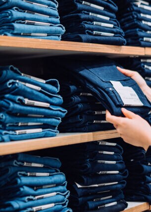 Zwei Hände greifen eine blaue Jeanshose aus einem Regal mit gestapelten Jeanshosen in einem Geschäft