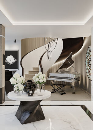 Ein in weiß, grau und beige-Tönen gestaltetes Zimmer