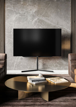 Ein Loewe-Fernseher in einem stilvoll eingerichteten Wohnzimmer.