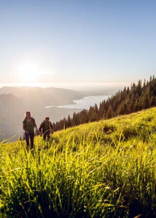 Ein Paar wandert einen grünen Hügel hinauf, im Hintergrund scheint die Sonne und ist ein See zu erkennen.
