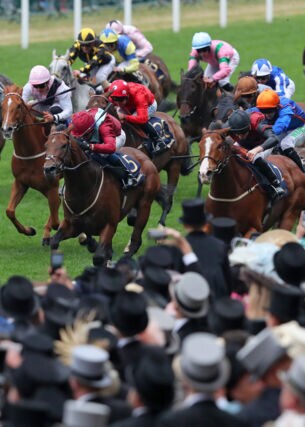 Eine Gruppe Jockeys auf Pferden galoppiert beim Royal Ascot Pferderennen an Zuschauern mit Hüten vorbei