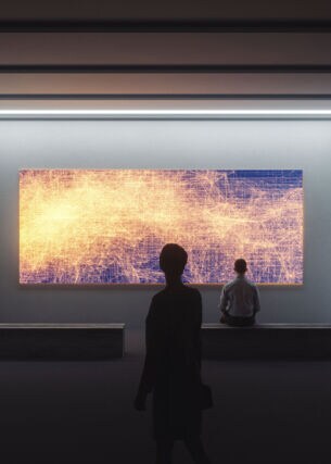 3D-Rendering einer Kunstgalerie mit zwei Personen, die ein großes, abstraktes Bild betrachten