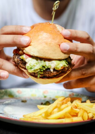 Eine Person hält einen Burger mit beiden Händen über einem Teller mit Pommes fest
