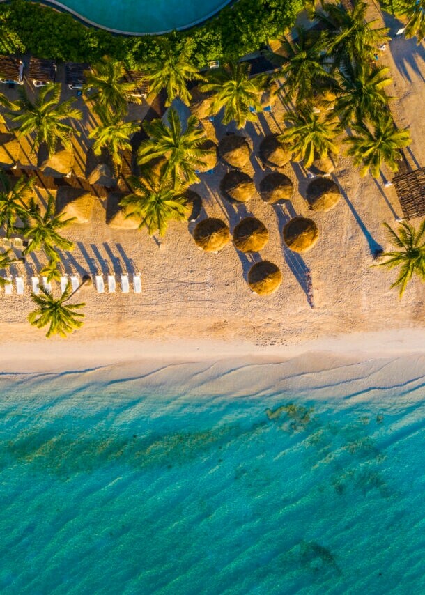 Tropischer Sandstrand mit Palmen und Badeliegen aus der Vogelperspektive