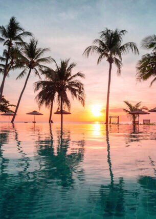 Palmengesäumter Infinity-Pool in einer Hotelanlage am Meer bei Sonnenuntergang.