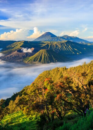 Landschaftsaufnahme über die indonesische Insel Java mit Vulkanen im Hintergrund.