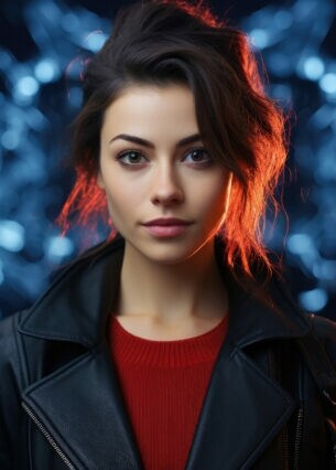 Eine junge Frau steht vor blau-schwarzem Hintergrund. Das Bild ist KI-generiert.