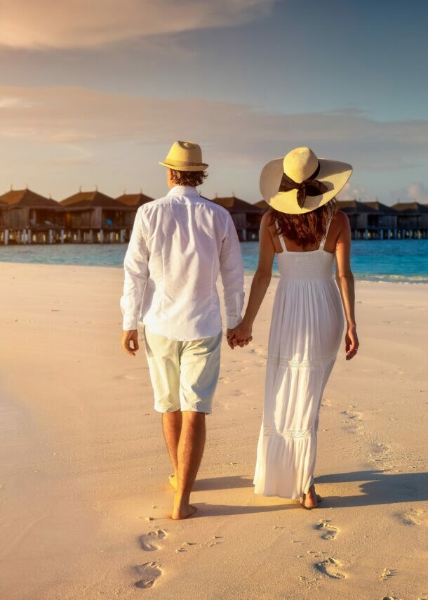 Rückansicht eines händchenhaltenden Paares in heller Sommerkleidung und mit Strohhüten an einem Strand vor einem Holzstegmit Wasserbungalows.