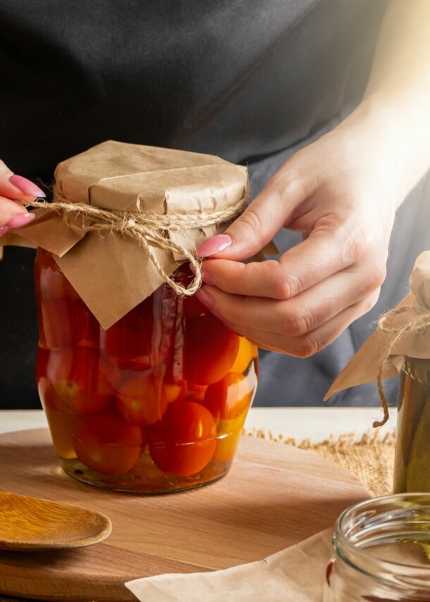 Person bindet eine Schnur um den Deckel eines Einmachglases mit eingelegtem Gemüse auf einem Holztisch.