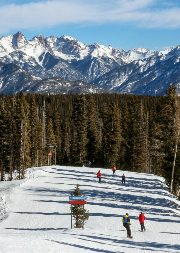 Skifahrer auf einer breiten, schneebedeckten Piste umgeben von hohen Tannen und Bergen im Hintergrund unter blauem Himmel