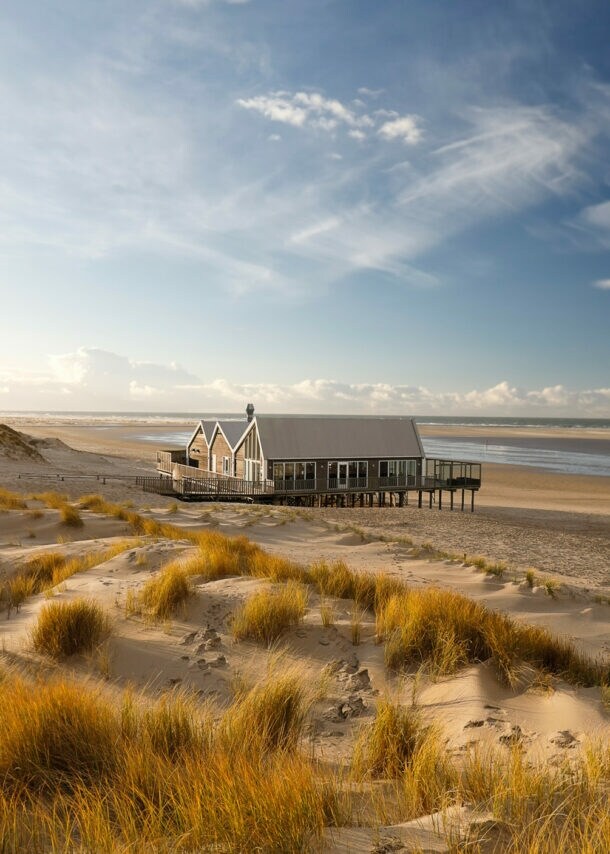 Haus auf Stelzen am Strand mit Dünen und weiter Meeresküste unter blauem Himmel.