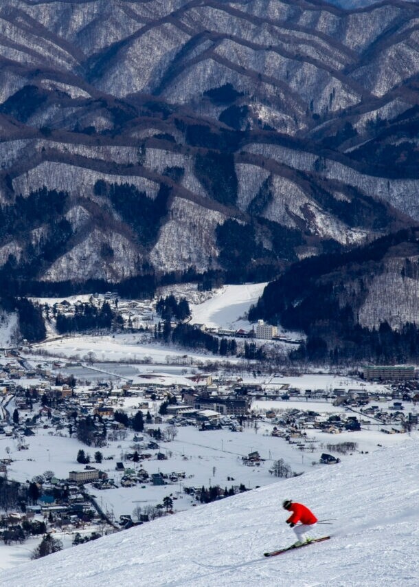 Skifahrer in roter Jacke fährt einen schneebedeckten Hang hinab mit Blick auf ein verschneites Dorf und bewaldete Berge im Hintergrund