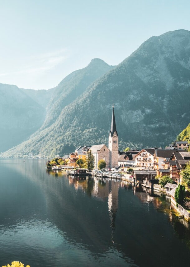 Schmetterling auf gelben Blüten vor einem See mit Bergkulisse und Dorf mit Kirche