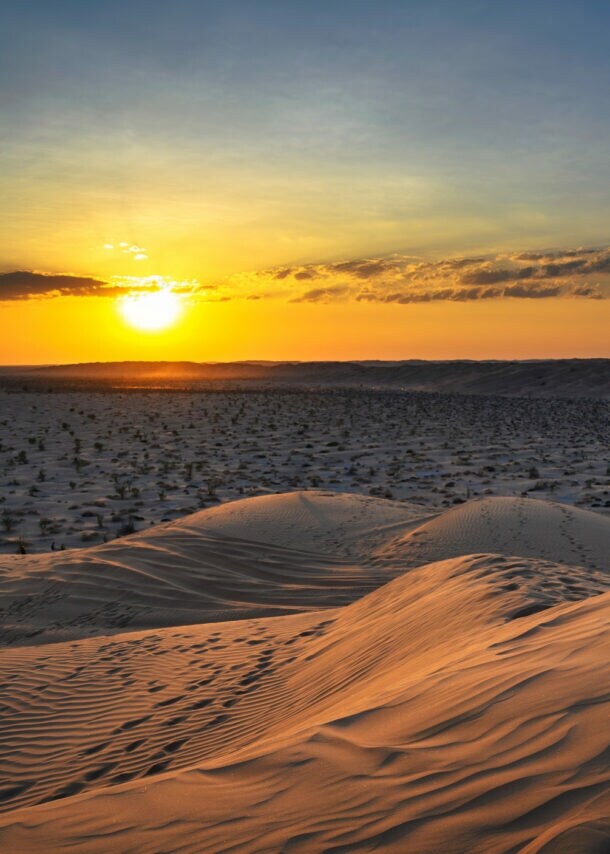 Person in rotem Hemd mit weißen Mustern sitzt auf Sanddüne und blickt auf Sonnenuntergang über Wüste