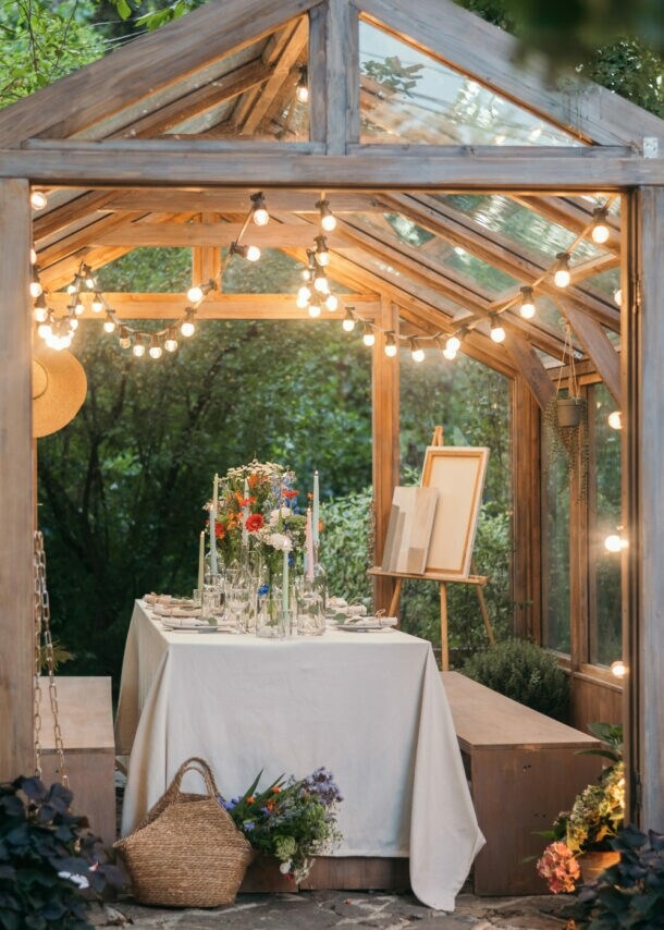 Holz-Gewächshaus mit Glaselementen, innen gedeckter Tisch mit Blumen und Kerzen, Lichterkette am Dach, umgeben von Gartenpflanzen