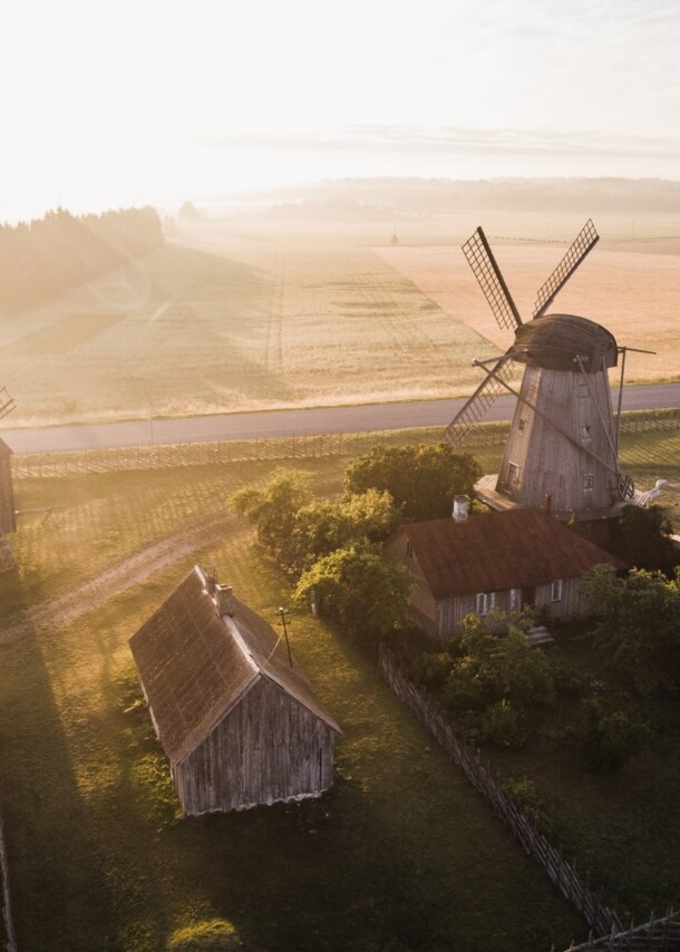 Ein ländliches Gebiet mit drei Windmühlen, Häusern und viel Grün im Sonnenschein.