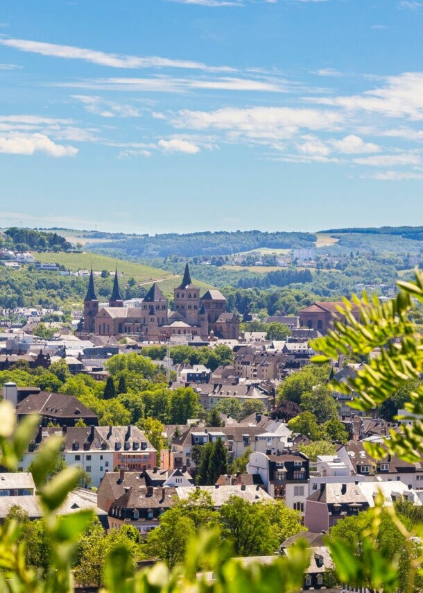 Blick auf Trier mit der Porta Nigra und umliegenden Gebäuden, im Vordergrund grüne Blätter, im Hintergrund bewaldete Hügel unter blauem Himmel mit Wolken.