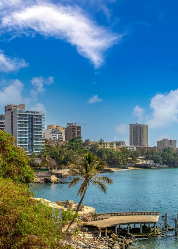 Begrünte Waterfront mit Palmen einer Stadt mit Hochhäusern am Meer.