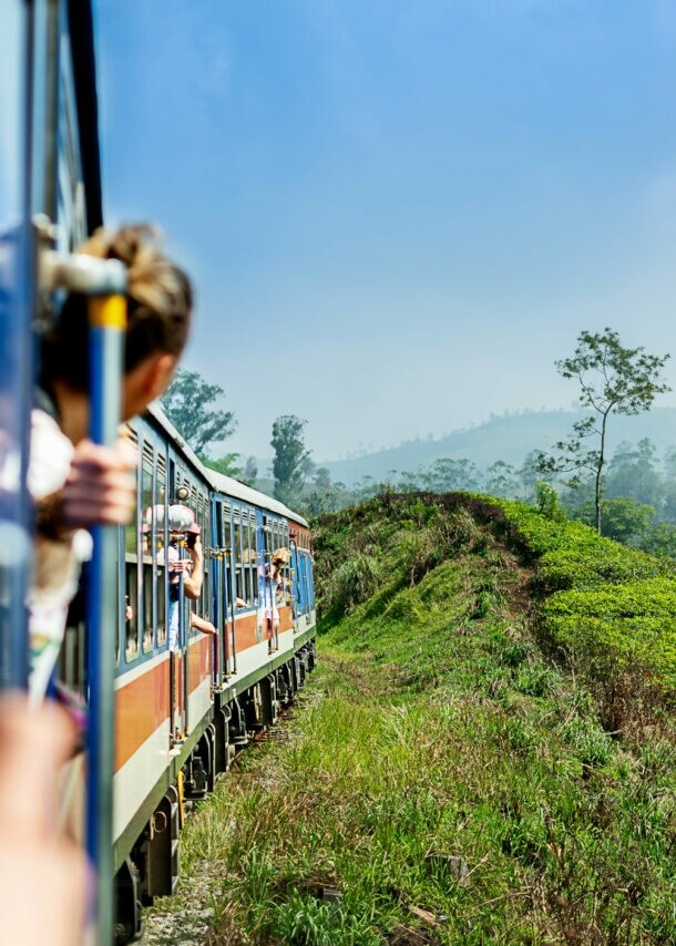 Ein Zug fährt entlang einer grünen Hügelkette, umgeben von Bäumen und Pflanzen. Im Vordergrund ist eine Hand zu sehen, die den Zug hält.