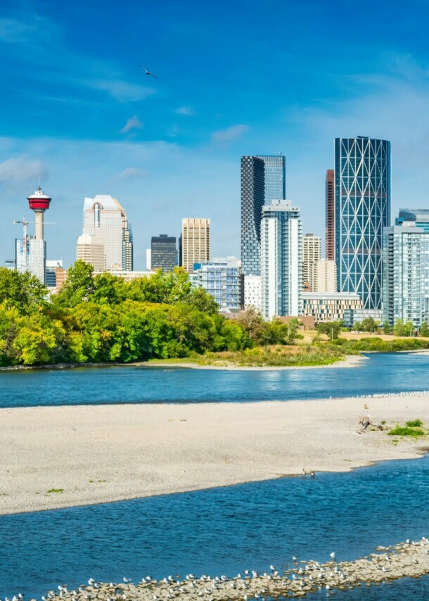 Skyline von Calgary mit Fernsehturm vor blauem Himmel, im Vordergrund Grünflächen und Sandbänke entlang eines flachen Flussufers.