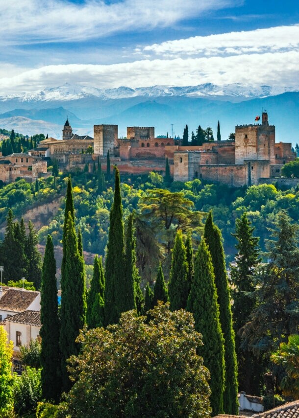 Blick auf einzelne Häuser und die von Wald umgebene Alhambra, im Hintergrund Berge.