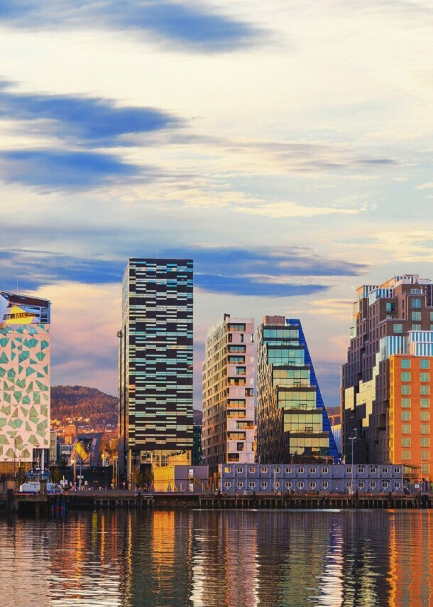 Eine Skyline mit verschieden Hochhäusern liegt direkt an einem Fluss.