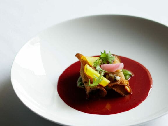 Ein buntes Gericht auf roter Soße in einem weißen Teller