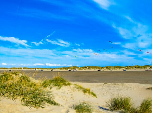 Bunte Drachen am blauen Himmel des Lakolk Strands auf der dänischen Insel Rømø.