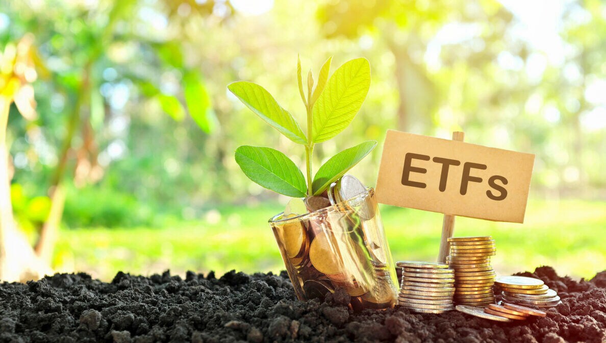 Auf Erde gestapelte Münzen, Schild mit Aufschrift ETFs und Münzen in einem Glas mit wachsender Pflanze im Vordergrund und grüner Natur im Hintergrund.