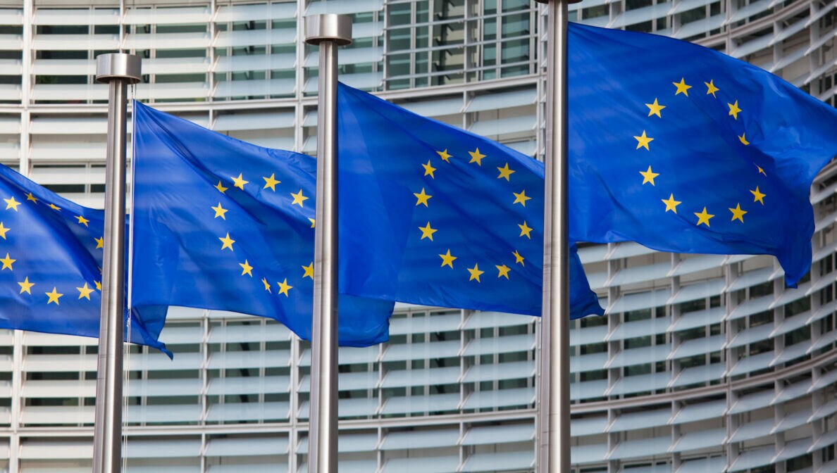 Mehrere wehende EU-Flaggen vor einem Gebäude.
