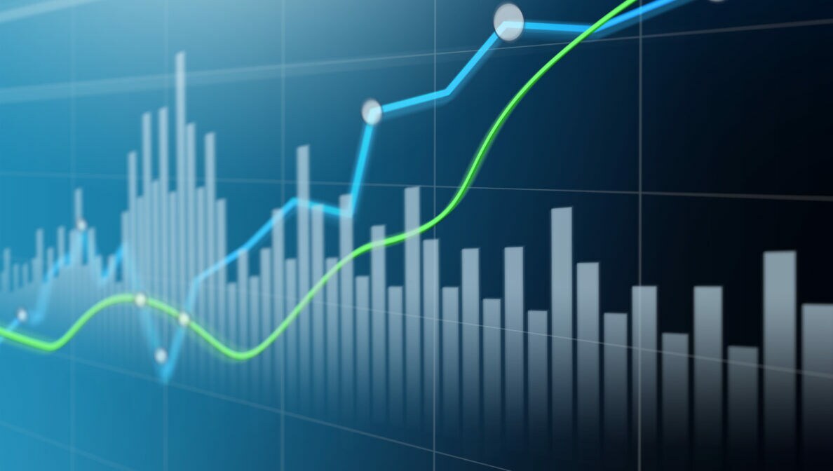 Grafisch dargestellte Aktienkurse in Blau und Grün