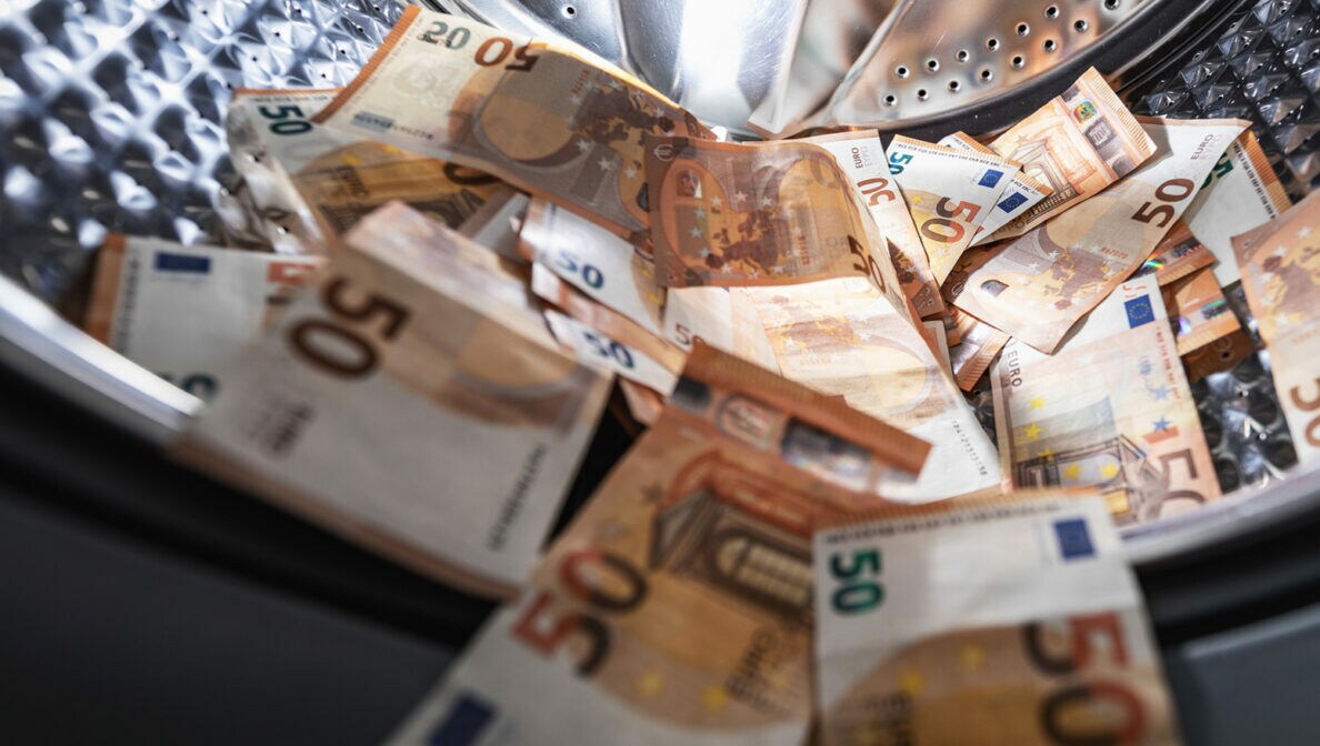 Mehrere 50-Euro-Geldscheine liegen in einer Waschtrommel
