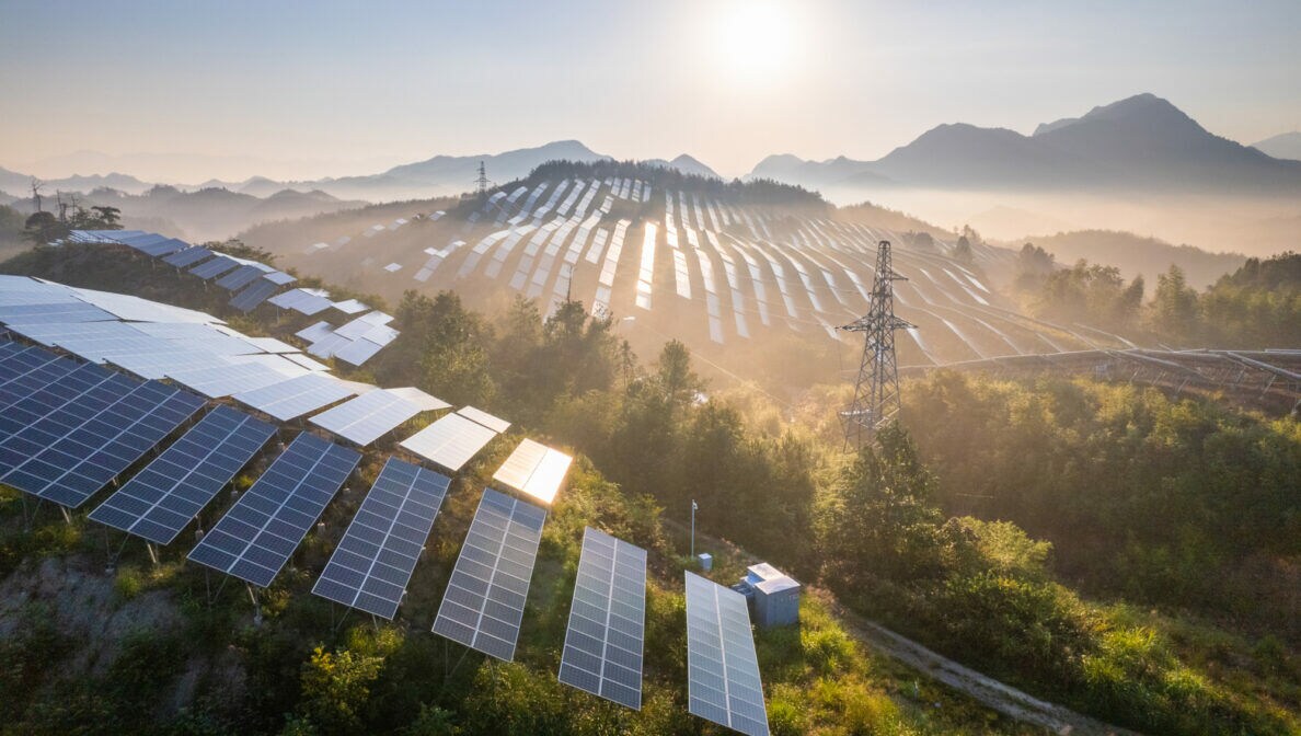 Blick von oben über grüne Hügel voller Solarpanels