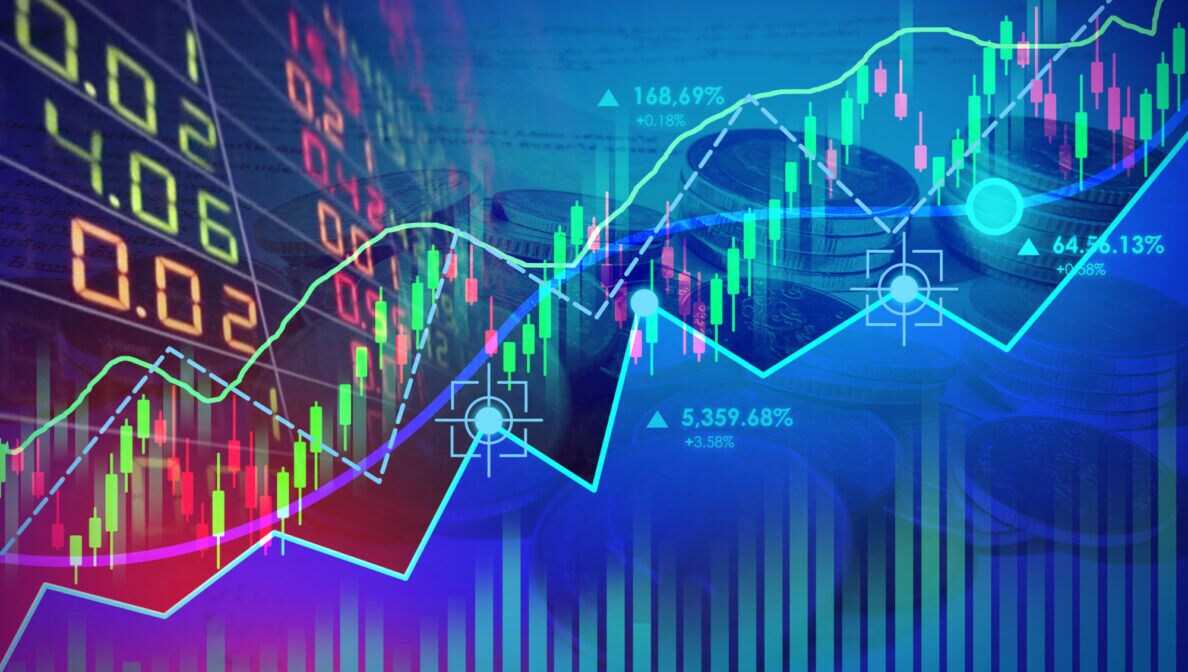 Mehrere übereinandergelegte Diagramme und Börsenkurse