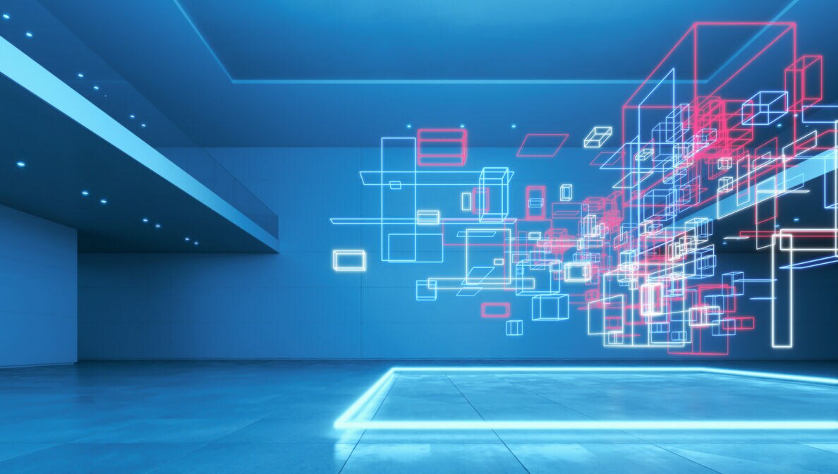 Ein computergenerierter Raum mit digitalen Rechtecken, die im Raum zu schweben scheinen.
