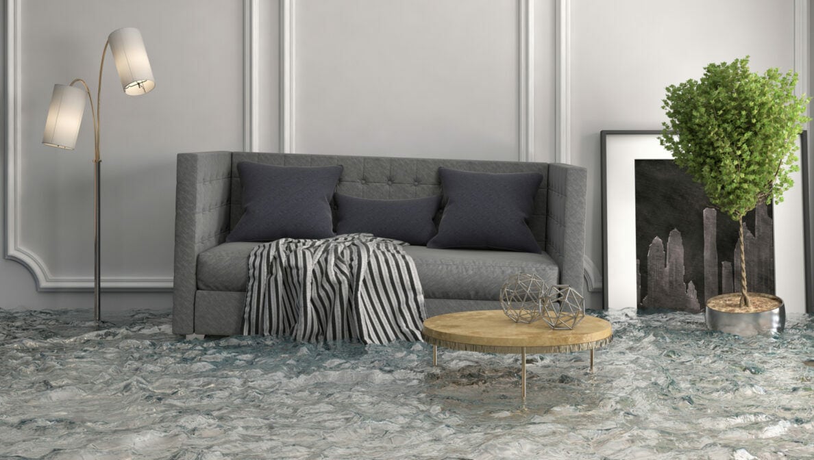Ein überschwemmtes Wohnzimmer mit Couch, Tisch, Pflanze, Bild und Lampe