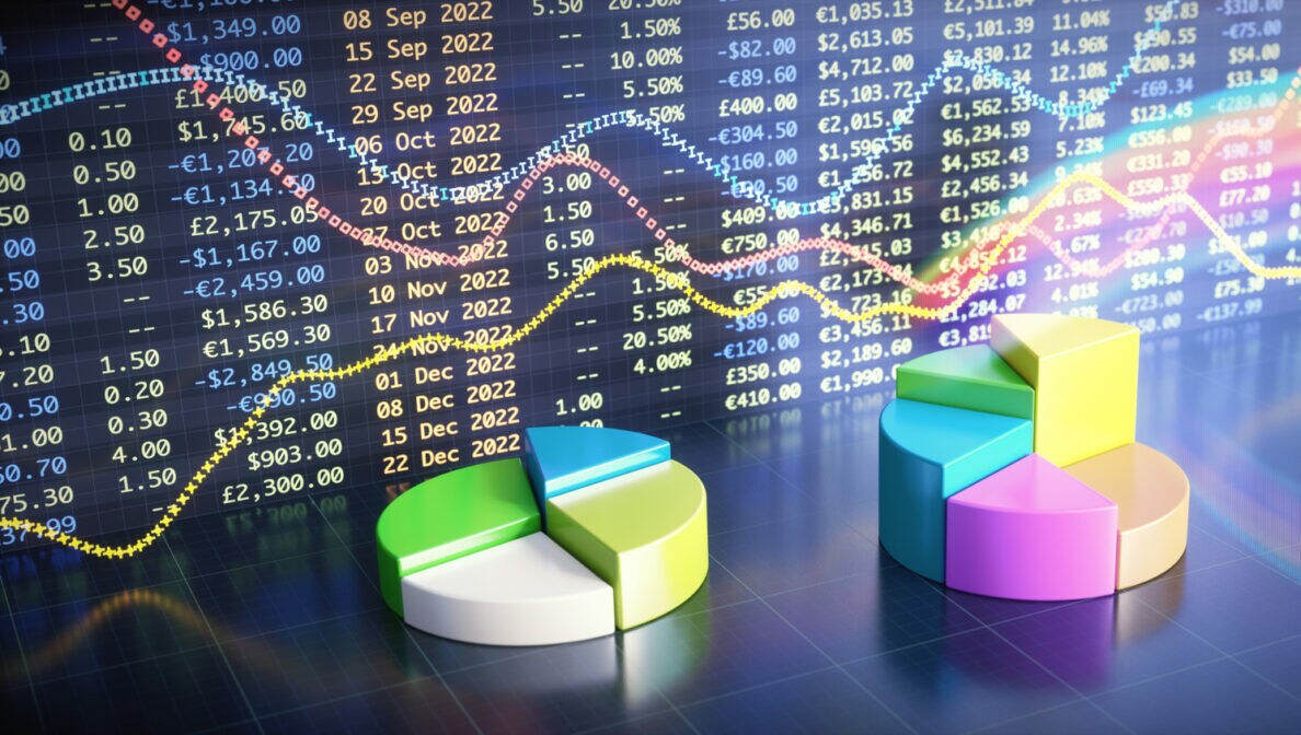 Mehrere 3D-Tortendiagramme vor einer digitalen Aktientafel.