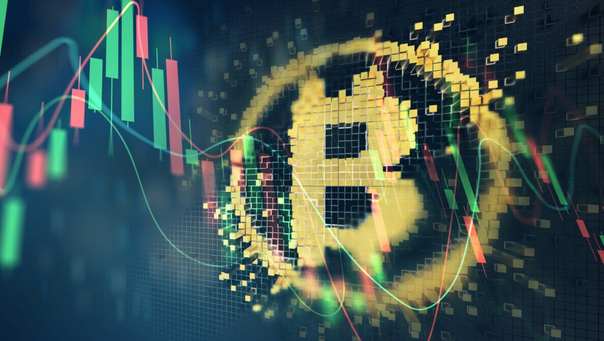 CGI-Darstellung des Kryptologos, dahinter sind Aktienkurse zu erkennen.