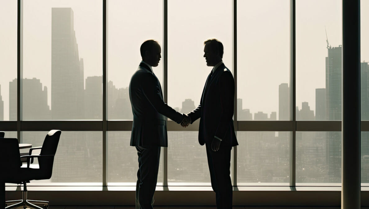 Zwei Personen in einem Büro vor einer Glasfront geben sich einen Handschlag.