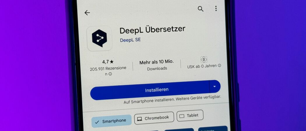 Die App DeepL Übersetzer im Play Store ist auf einem Google Pixel 8 Pro zu sehen. DeepL hat eine neuartige
