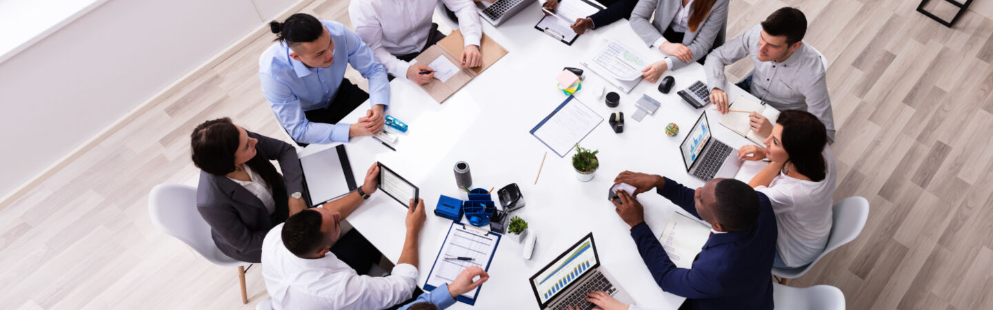 Eine Gruppe von zwölf Personen sitzt mit Laptops an einem Tisch.