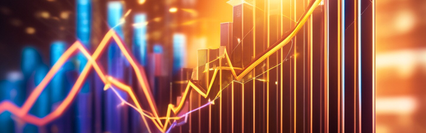 Farbenfrohe 3D-Grafik mit Balken- und Liniendiagrammen, die ein starkes Wachstum und steigende Finanzkurse in einem digitalen Börsenumfeld darstellen.
